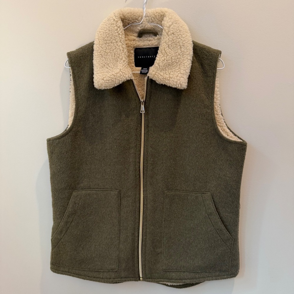 Sanctuary Olive Green Wool Blend Sherpa Lined Utility Vest Women Small Fall